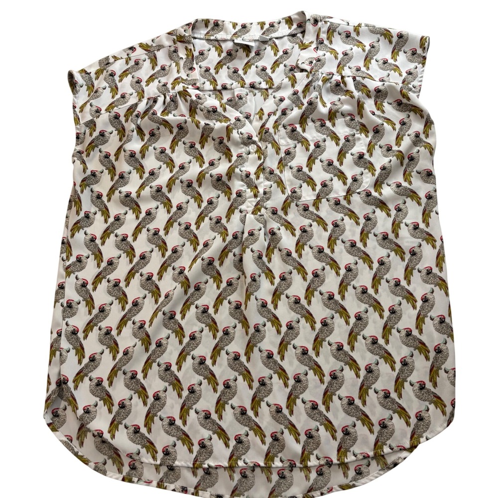 SOHO Jeans New York & Company Parrot Print Sleeveless Blouse White Medium Office